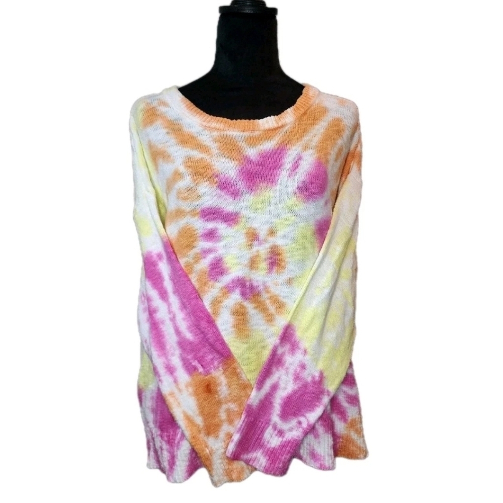 Lulu B Tie Dye  Sweater Orange Pink Yellow Lightweight 100% Cotton XL Beachy